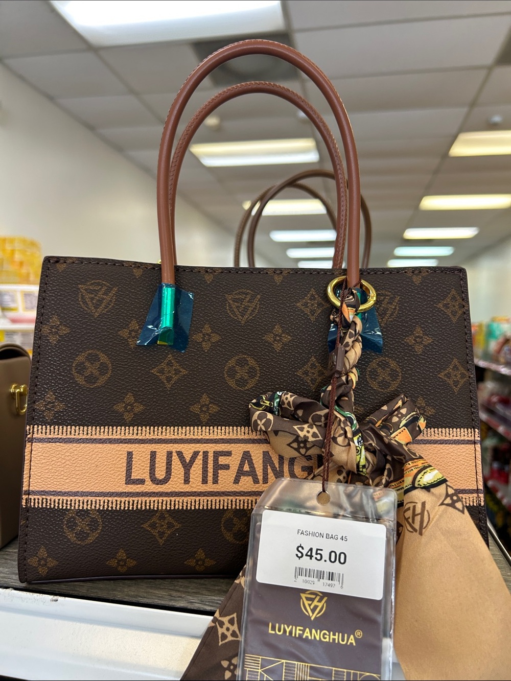 Brown Monogram Tote Bag with Tan Accent